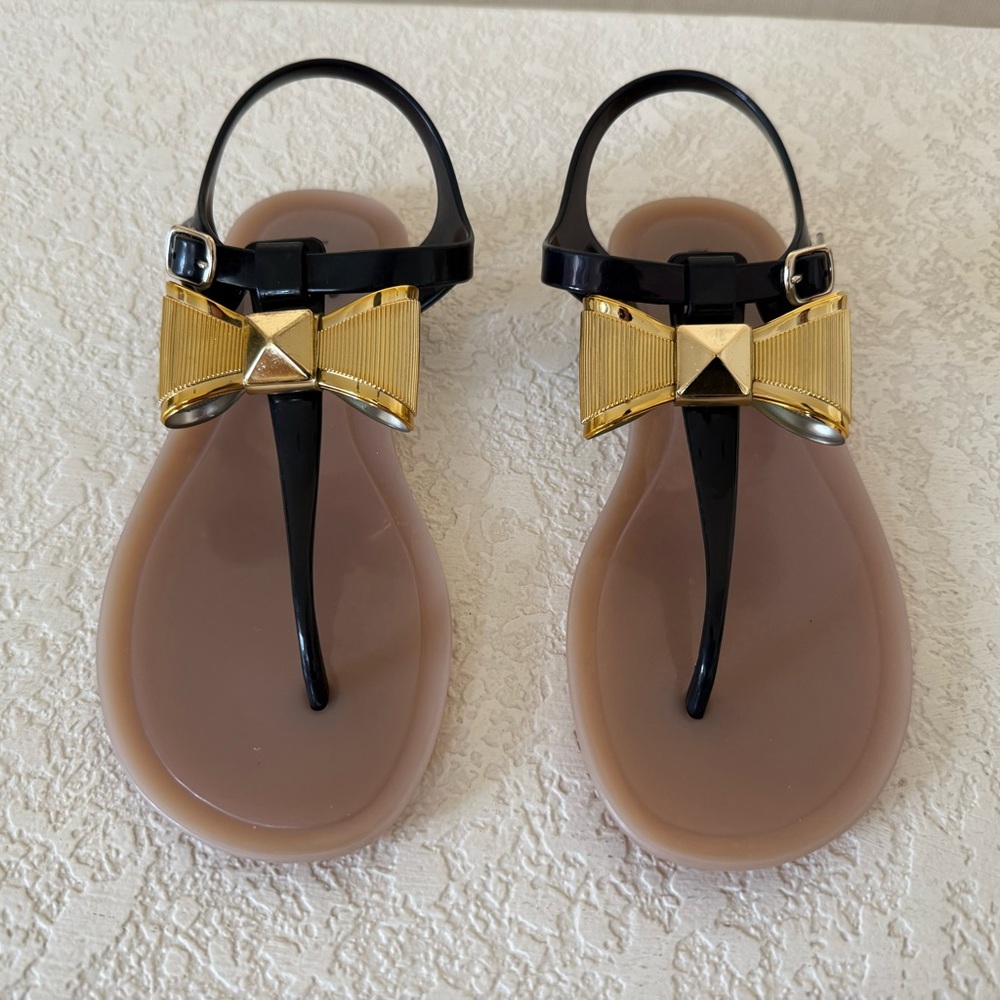 Kate Spade Black and Gold Bow Sandals